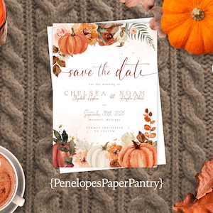 Réservez votre carte de date pour mariage d'automne, citrouilles orange personnalisées, citrouilles blanches, calligraphie dorée, cartes imprimées scintillantes, enveloppe incluse sur mesure