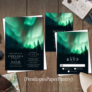 Personalized Northern Lights Wedding Invitation,Northern Lights Theme Wedding Invite,Emerald Green,Winter Wedding,Starry Sky,Shimmery Invite image 1
