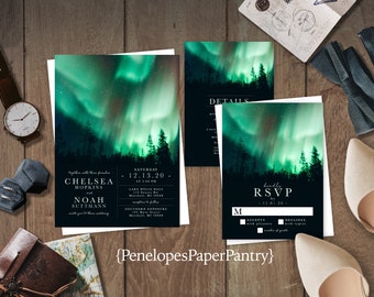 Personalized Northern Lights Wedding Invitation,Northern Lights Theme Wedding Invite,Emerald Green,Winter Wedding,Starry Sky,Shimmery Invite