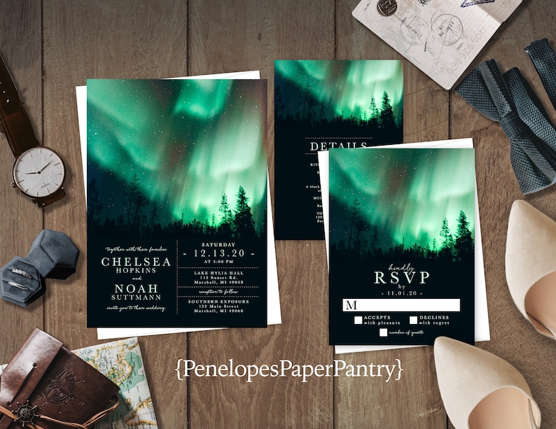 Personalized Northern Lights Wedding Invitation,Northern Lights Theme Wedding Invite,Emerald Green,Winter Wedding,Starry Sky,Shimmery Invite image 1