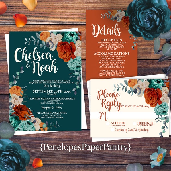 Teal Wedding Invitation,Fall Wedding Invitation,Floral Wedding Invite,Burnt Orange,Ivory,Calligraphy,Envelope Included,Personalize,Printed