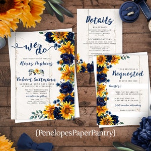 Rustic Sunflower Fall Wedding Invitation,Fall Wedding Invite,Sunflowers,Navy Blue Roses,Barn Wood,Personalize,Printed Invitation,Envelope