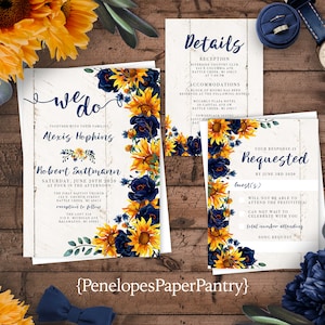 Rustic Sunflower Fall Wedding Invitation,Fall Wedding Invite,Sunflowers,Navy Blue Roses,Barn Wood,Personalize,Printed Invitation,Envelope