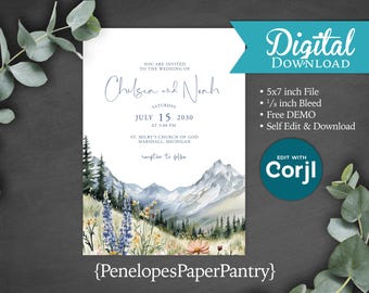 Digital Summer Mountain Wedding Invitation: Wildflower Meadow, Editable