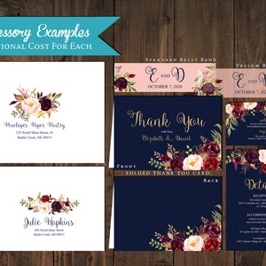 Romantic Navy Fall Wedding Invitation,Navy Blue,Burgundy,Marsala,Blush,Roses,Gold Print,Shimmery,Elegant,Printed Invitation,Wedding Set image 2