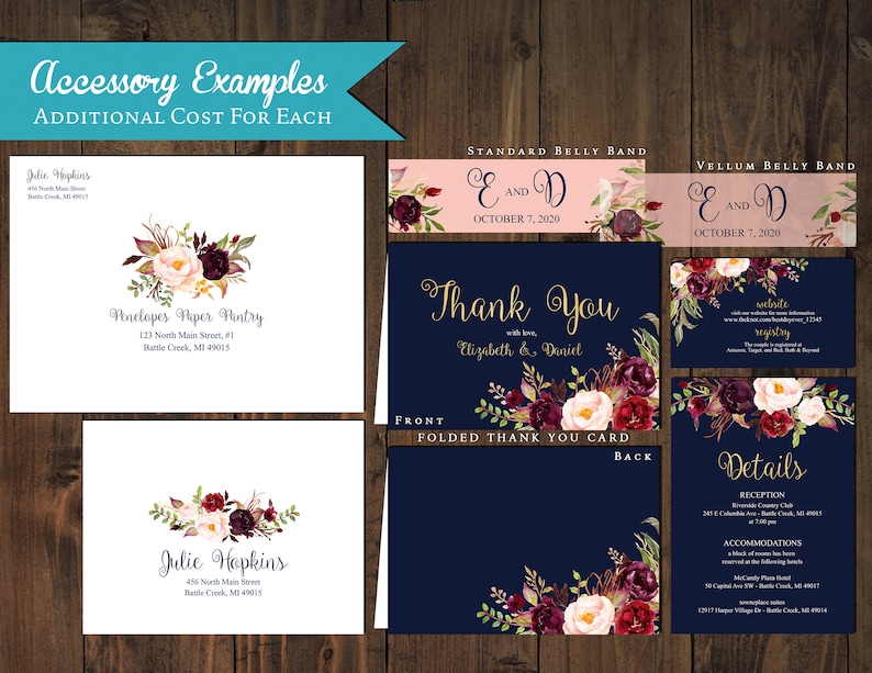 Romantic Navy Fall Wedding Invitation,Navy Blue,Burgundy,Marsala,Blush,Roses,Gold Print,Shimmery,Elegant,Printed Invitation,Wedding Set image 2