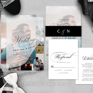 May include: Wedding invitation suite with a black and white design. The invitation features a photo collage with a translucent overlay. The RSVP card has a calligraphy font and the details card includes the venue and accommodation information.