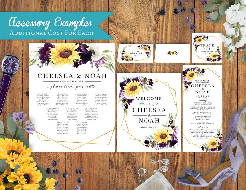 Elegant Sunflower Geometric Frame Summer Wedding Invitation,Sunflowers,Purple Calla Lilly,Gold Print,Shimmery,Printed Invitation,Wedding Set image 3