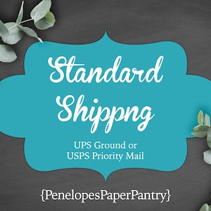May include: Teal blue sign with rounded edges and white text that reads "Standard Shipping" with the text "UPS Ground or USPS Priority Mail" below. The sign is on a dark gray background with green leaves on either side.