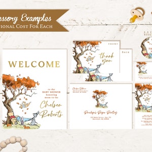 May include: A set of printable baby shower invitations featuring Winnie the Pooh and friends in an autumnal forest setting. The invitations include a welcome sign, thank you card, diaper raffle ticket, and a book request card. The text on the invitations reads "Welcome to the baby shower honoring mom-to-be Chelsea Roberts", "Thank You", "Diaper Raffle", and "Books for Baby".