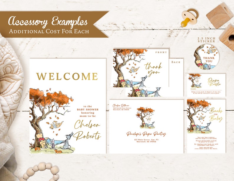 May include: A set of printable baby shower invitations featuring Winnie the Pooh and friends in an autumnal forest setting. The invitations include a welcome sign, thank you card, diaper raffle ticket, and a book request card. The text on the invitations reads "Welcome to the baby shower honoring mom-to-be Chelsea Roberts", "Thank You", "Diaper Raffle", and "Books for Baby".