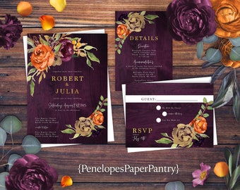 Rustic Purple Barn Wood, Burnt Orange Roses, Fall Wedding Invitation, Autumn Suite