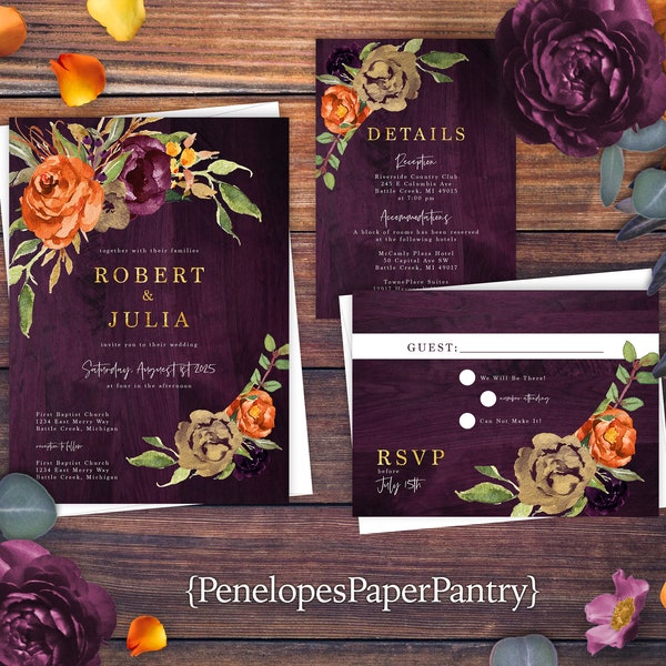 Rustic,Purple,Floral,Fall,Wedding Invitation,Fall Wedding Invite,Rustic Wood,Purple and Orange,Gold,Rustic Invitation,Personalize,Shimmery