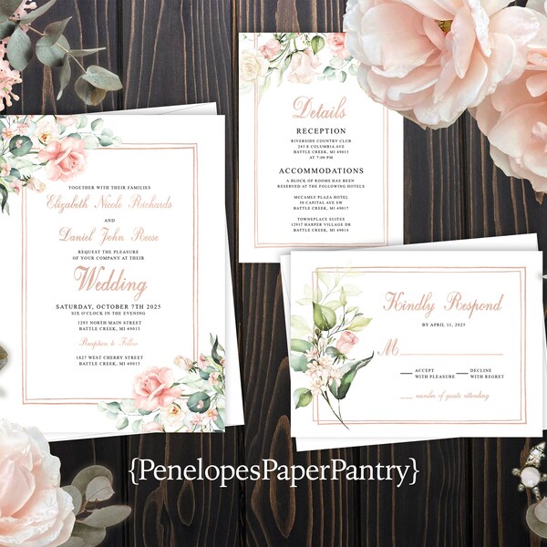 Elegant Floral Summer Wedding Invitation,Custom Floral Wedding Invite,Blush Rose,Rose Gold,Calligraphy,Shimmery Invitation,Envelope Included