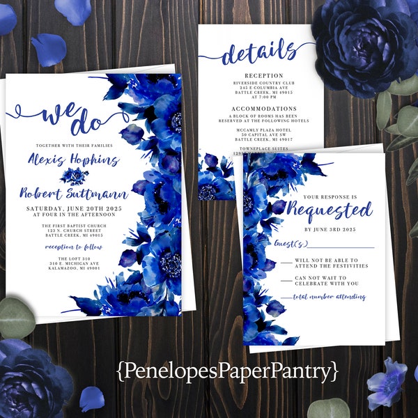 Printed Sapphire Royal Blue Cobalt Blue Floral Summer Wedding Invitation,We Do,Roses,Calligraphy,Personalize,Wedding Suite,Wedding Set