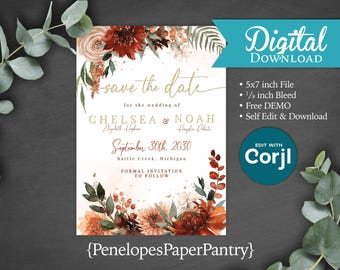 May include: A digital wedding invitation with a floral design in shades of red, orange, and gold. The text reads "save the date" for Chelsea and Noah's wedding on September 30th, 2030, in Battle Creek, Michigan. Includes a 5x7 inch file.
