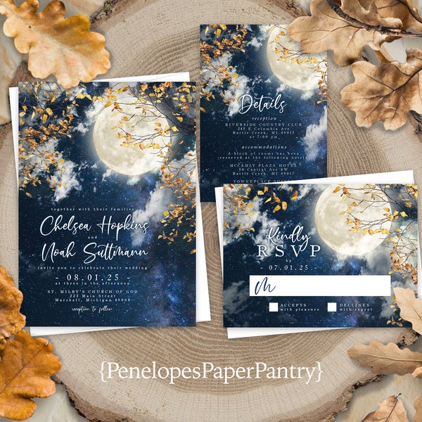 Rustic Fall Wedding Invitation,Rustic Fall Wedding Invite,Full Moon,Fall Night Sky,Starry Sky,Fall Leaves,Calligraphy,Envelopes Included
