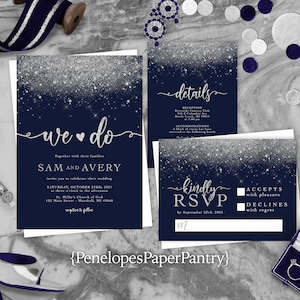 Romantic Navy and Silver Wedding Invitation Personalized Silver Glitter Print We Do Calligraphy Shimmery Printed Invitations With Envelopes