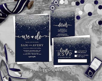 Navy and Silver Wedding Invitation,Custom Navy Blue Invite,Calligraphy,Silver Glitter Print,Silver Heart,Shimmery,Bling,Envelope Included