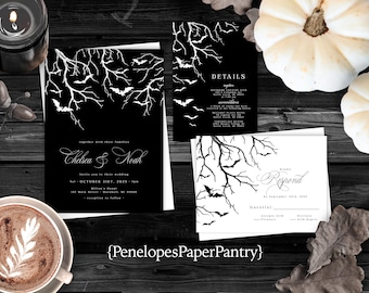 Elegant Halloween Wedding Invitation Suite: Bats, Haunted Forest, Personalized (Printed)