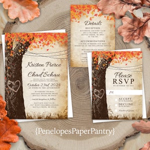Elegant Rustic Fall Wedding Invitation,Fall Wedding Invite,Oak Tree,Carved Heart,Carved Initials,Fall Leaves,Personalized,Envelopes Included