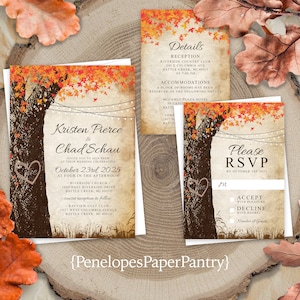 May include: Fall wedding invitation suite with a rustic design featuring a tree with autumn leaves and a heart. The invitation includes the names Kristen Pierce and Chad Schau, the date October 23rd, 2025, and the location Riverside Church. The RSVP card includes the text "Please RSVP by October 1st, 2021".