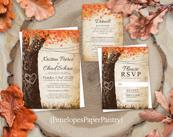 Rustic Oak Tree Wedding Invitation Set: Orange Fall Leaves, Carved Heart With Initials, Personalized