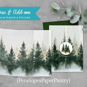May include: Vellum sleeve and sticker set with a watercolor forest design. The set includes a sticker with a forest scene and a vellum sleeve. The text "Extras & Add-ons" and "Envelopes sold separately" are visible.