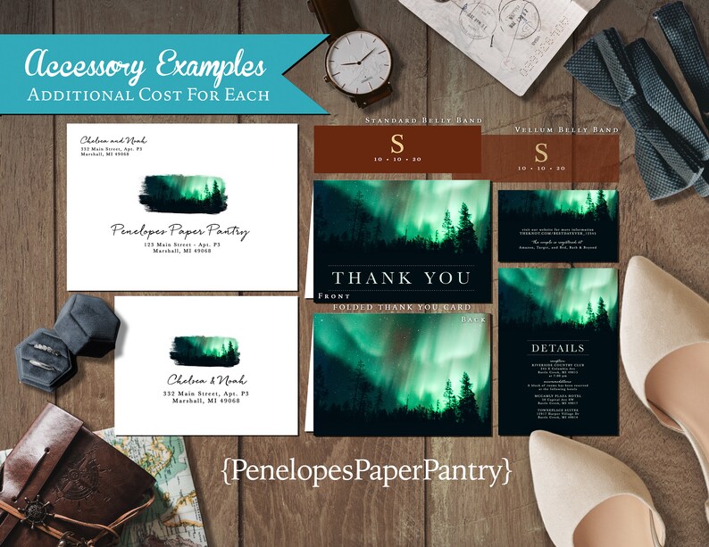 Personalized Northern Lights Wedding Invitation,Northern Lights Theme Wedding Invite,Emerald Green,Winter Wedding,Starry Sky,Shimmery Invite image 2