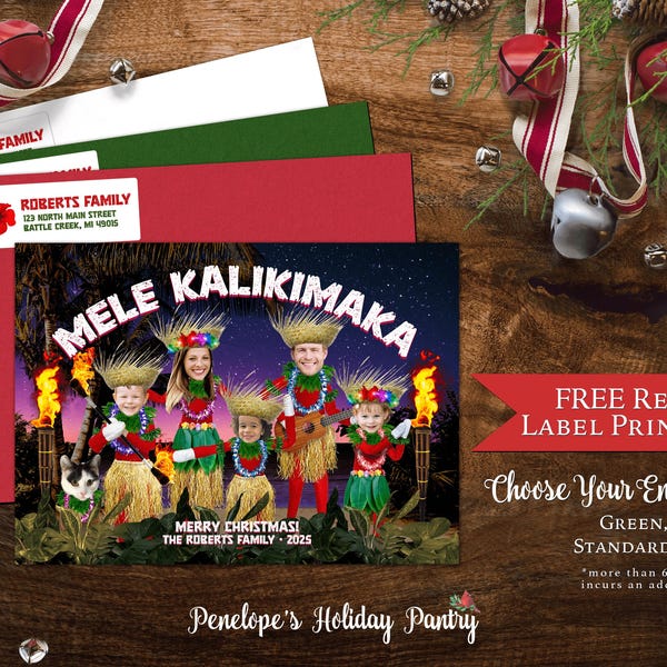 Funny Mele Kalikimaka Christmas Family Photo Card Personalized Hawaiian Luau Grass Skirt Custom Text Printed Cards Envelopes Return Labels
