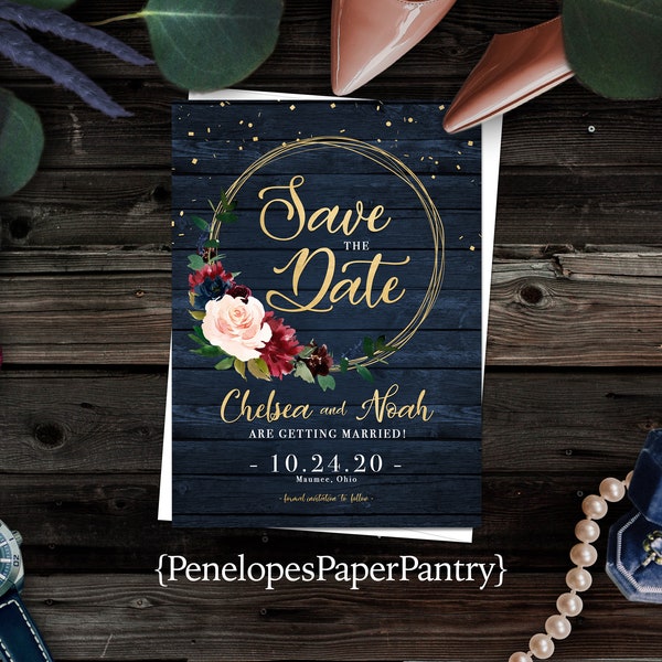 Rustic Save The Date,Rustic Fall Wedding Save The Dates,Rustic Wood,Navy,Burgundy Roses,Blush Roses,Calligraphy,Gold Print,Shimmery,Custom