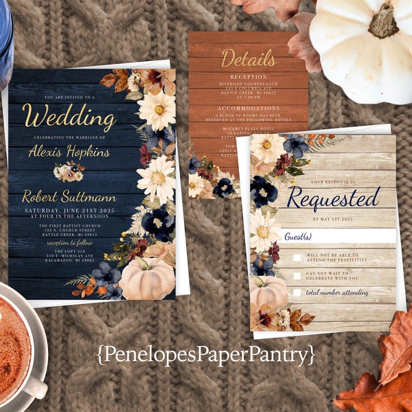 Rustic Navy Fall Wedding Invitation,Navy Blue Fall Wedding Invite,Rustic Theme,Rustic Wood,Gold Calligraphy,White Pumpkin,Shimmery Invite