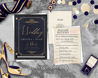 Book Theme Wedding Invitation,Love Story Wedding Invite,Romance Novel,Navy,Gold,Vintage Calligraphy,Shimmery Invitation,Envelope Included