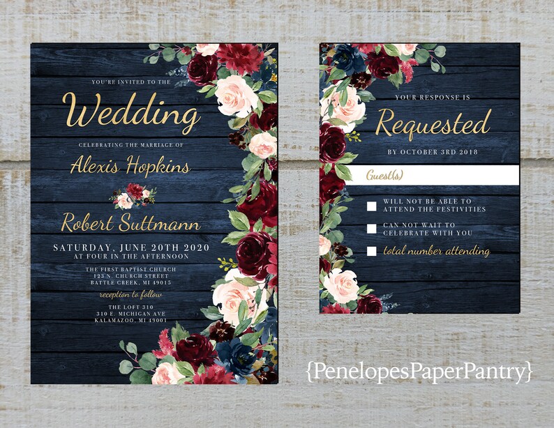 Rustic Navy Floral Fall Wedding Invitation,Burgundy,Blush,Navy Blue,Roses,Barn Wood,Gold Print,Shimmery,Printed Invitation,Wedding Set 