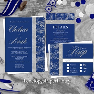 Elegant Royal Blue Wedding Invitation Personalized Silver Print Calligraphy Classic Formal Shimmery Printed Invitations Envelopes Included