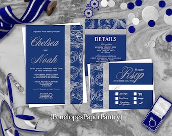 Elegant Royal and Silver Wedding Invitation,Royal Blue,Silver,Shimmery,Calligraphy,Traditional,Printed Invitation,Wedding Set,Envelope