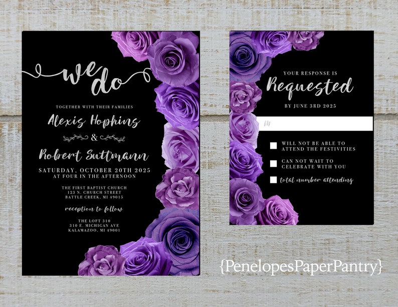 Elegant Purple Rose Winter Wedding Invitation,Purple Roses,Black Shimmer,Calligraphy,Silver Print,Shimmery,Personalize,Printed Invitation