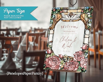 Stained Glass Style Wedding Welcome Sign: Pair of Swans, Blush Roses, Personalized, Printed