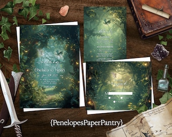 Enchanted Forest Wedding Invitation Suite: Fantasy Theme, Dragon, Fairy, Personalized and Printed