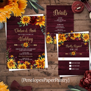 Rustic Fall Wedding Invitation,Sunflowers,Burgundy Roses,Floral Arrow,Burgundy Wood,Gold Print,Shimmery,Printed Invitation,Wedding Set