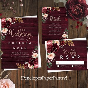 Rustic Burgundy Floral Fall Wedding Invitation,Fall Wedding Invite,Rose Gold Print,Burgundy Barn Wood,Shimmery,Personalize,Printed,Envelope