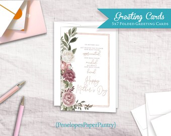 Elegant Mauve Floral Mother's Day Card Rose Gold Print Folded Card 5x7 Size Printed Card White Envelope