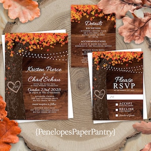 Rustic Fall Wedding Invitation Personalized Oak Tree Burnt Orange Leaves Carved Initials Fairy Lights Printed Invitations Envelope Included