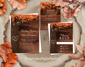 Rustic,Fall,Wedding Invitation,Rustic Wedding Invite,Fairy Lights,Oak Tree,Rustic Wood,Burnt Orange Leaves,Carved Initials,Envelope Included