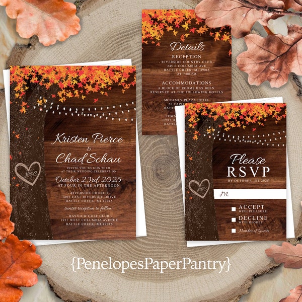 Rustic,Fall,Wedding Invitation,Rustic Wedding Invite,Fairy Lights,Oak Tree,Rustic Wood,Burnt Orange Leaves,Carved Initials,Envelope Included