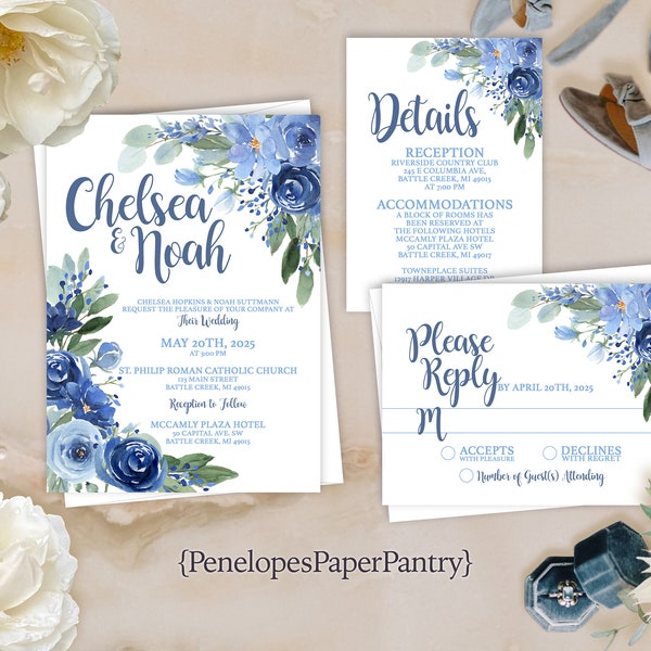 Light Blue Floral Summer Wedding Invitation,Blue Floral Summer Wedding Invite,Floral Theme,Baby Blue Roses,Calligraphy,Envelopes Included