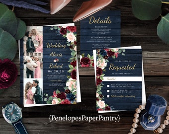 Rustic Floral Fall Wedding Invitation,Photo Wedding Invite,Fall Wedding Invite,Gold,Calligraphy,Navy,Burgundy,Personalize,Envelope,Shimmery