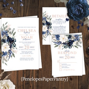 Navy Floral Summer Wedding Invitation,Summer Wedding Invite,Navy Blue,Cream,Gold Print,Shimmery,Personalize,Printed Invitation,Envelope