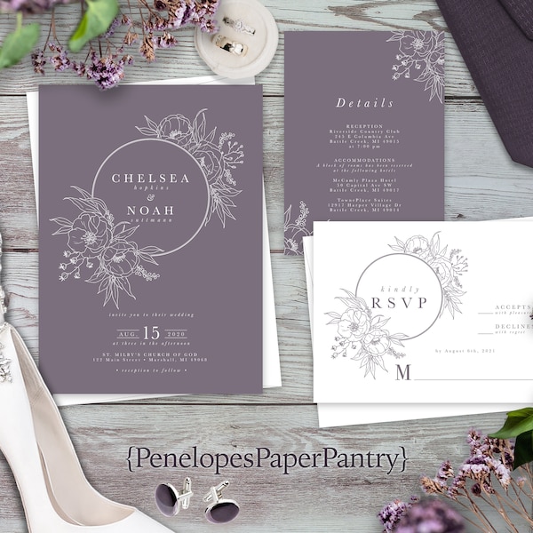 Dusty Lavender Summer Wedding Invitation,Summer Wedding Invite,Dusty Purple,Wreath,Floral Silhouette,Personalize,Printed Invitation,Envelope
