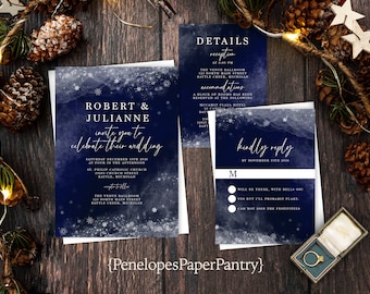 Rustic Winter Wedding Invitation,Personalized,Winter Wedding Invite,Winter Night Sky,Blowing Snow,Shimmery Invite,Envelope Included,Printed